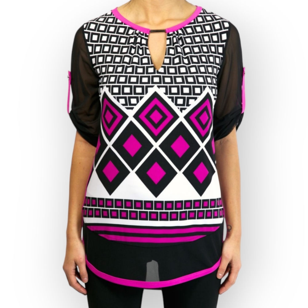 Joseph Ribkoff Black and Pink Geometric Tunic